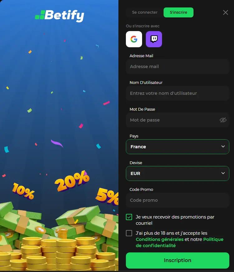 Registratie op de website van Betify Casino