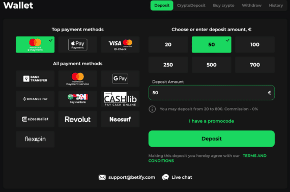 storten bij Betify Casino